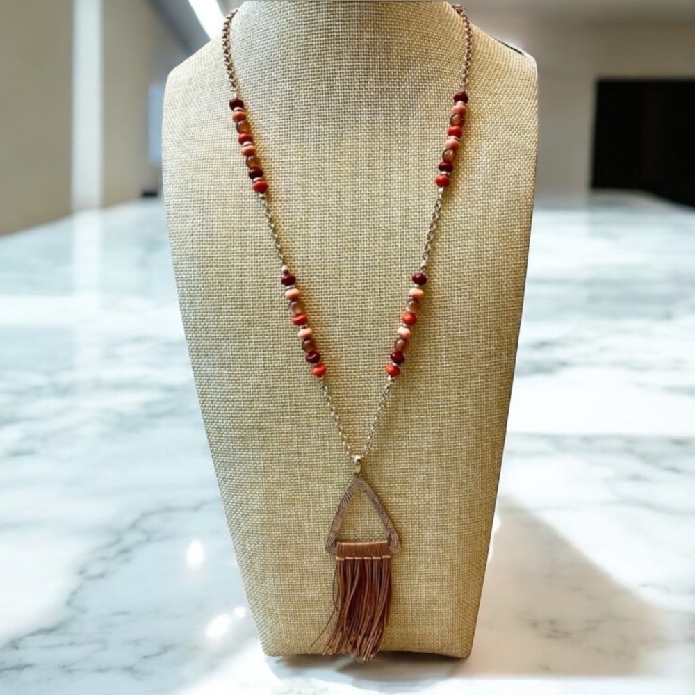 NWT The Sak Red & Pink Beaded Gold Necklace with pendant